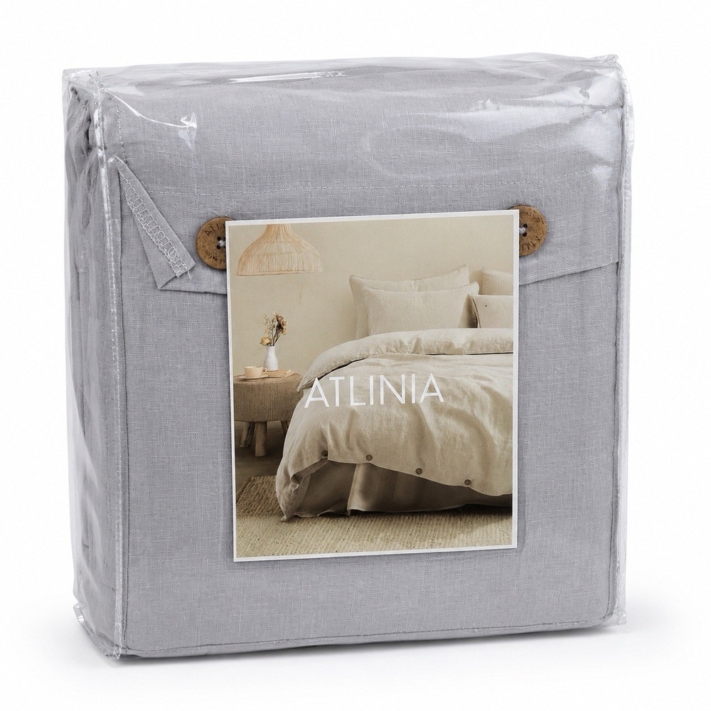 ATLINIA Queen Duvet Cover Set 100% Linen Light Gray 3 Piece New